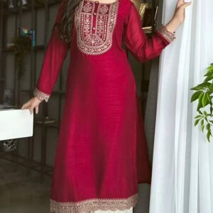 Women Embellished Silk Blend A-line Kurta  (Maroon)